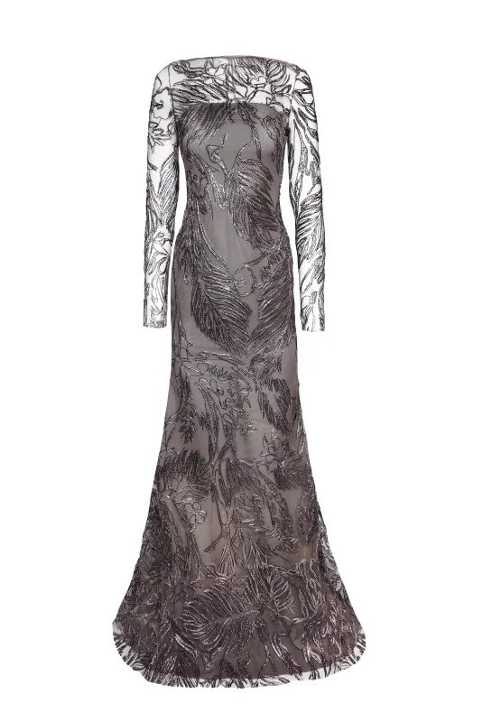METALLIC RAFFIA BOAT NECK FIT AND FLARE GOWN WITH LONG SLEEVES sold by Naeem Khan