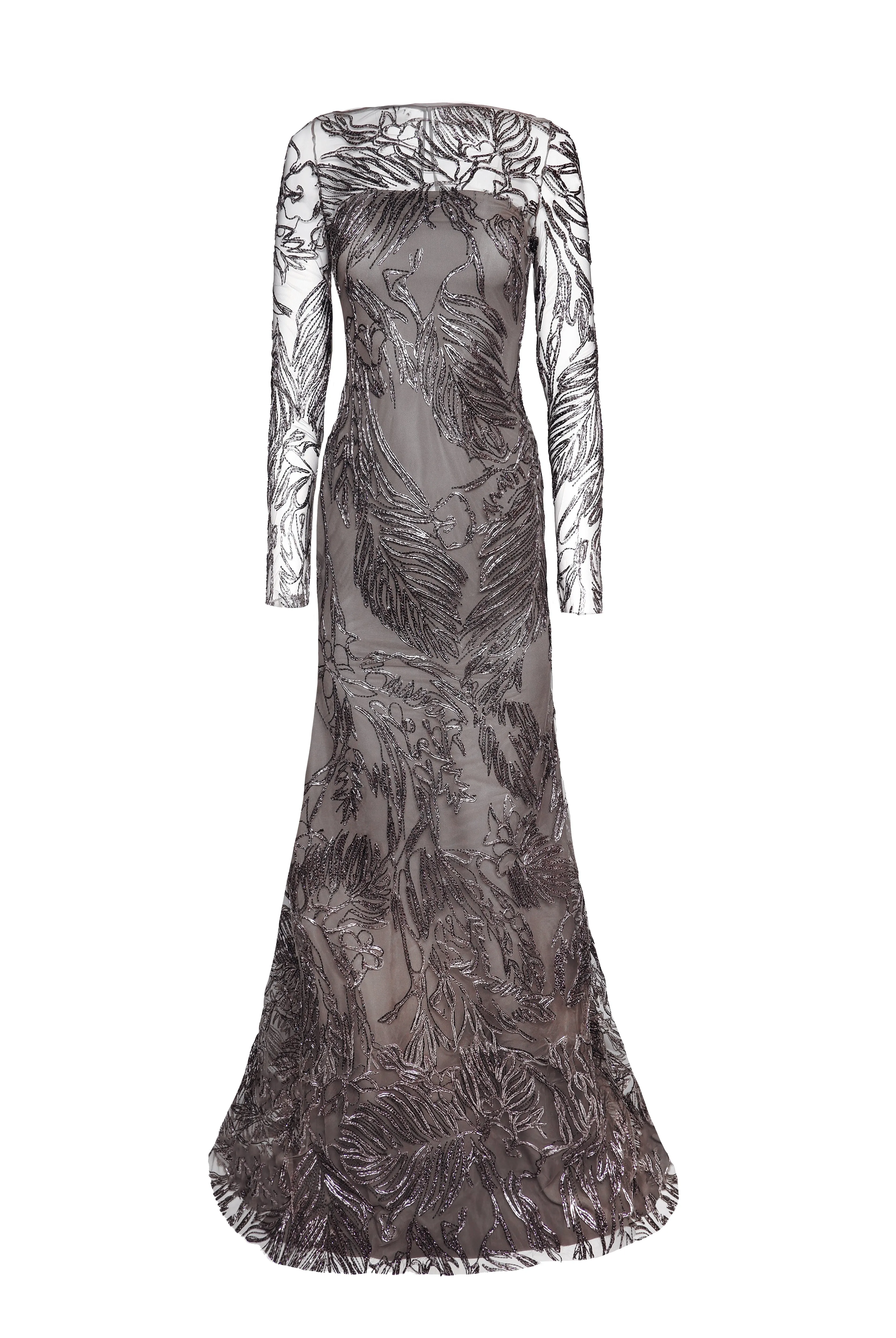 METALLIC RAFFIA BOAT NECK FIT AND FLARE GOWN WITH LONG SLEEVES sold by Naeem Khan