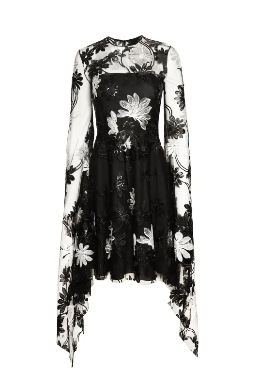 LACE JEWEL NECK DRESS WITH CASCADING SLEEVES sold by Naeem Khan