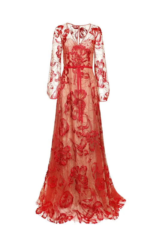 LACE V-NECK FULL SKIRT GOWN WITH BLOUSON SLEEVES sold by Naeem Khan