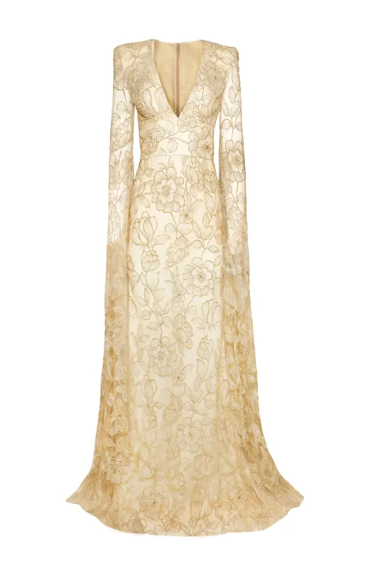 LACE V-NECK GOWN WITH CASCADING SLEEVES sold by Naeem Khan