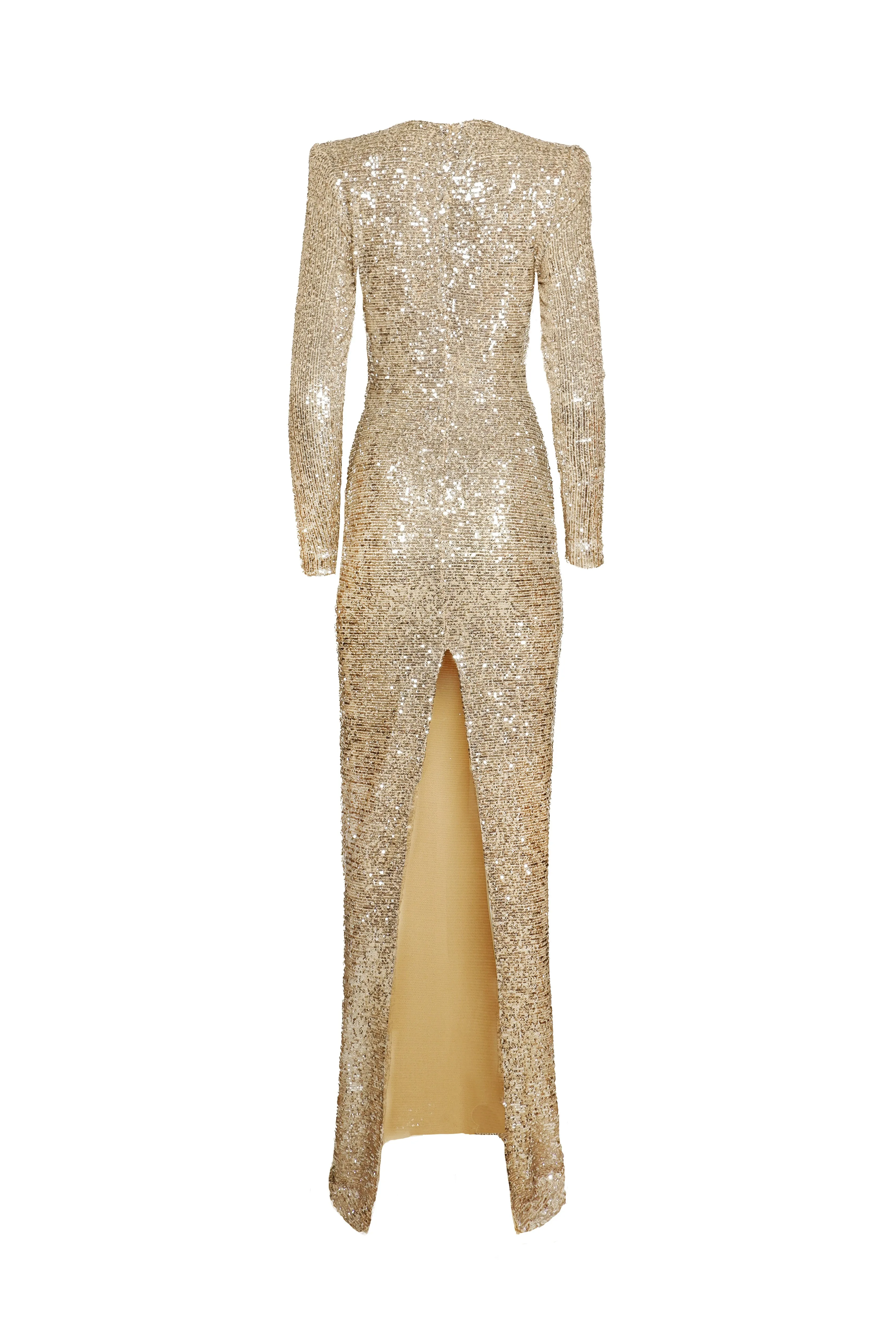 STRETCH SEQUIN RUCHED V-NECK GOWN WITH LONG SLEEVES sold by Naeem Khan product image thumbnail 2