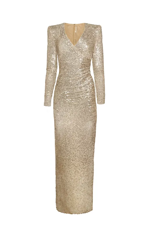 STRETCH SEQUIN RUCHED V-NECK GOWN WITH LONG SLEEVES sold by Naeem Khan