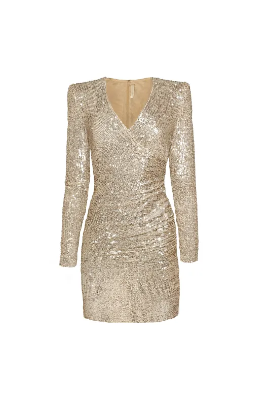STRETCH SEQUIN RUCHED V-NECK DRESS WITH LONG SLEEVES made by Naeem Khan