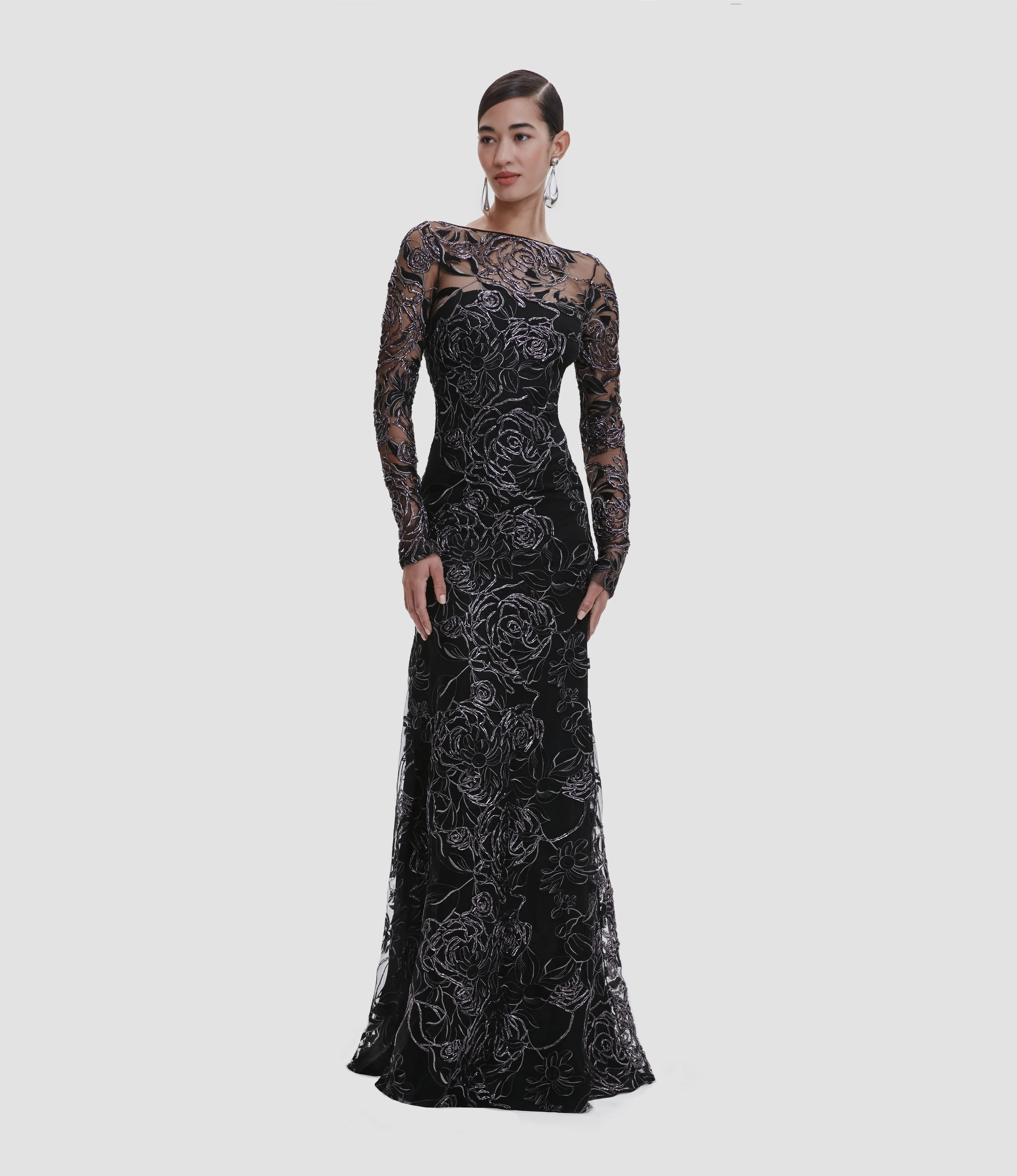 METALLIC RAFFIA ROSES BOAT NECK FIT-AND-FLARE GOWN sold by Naeem Khan