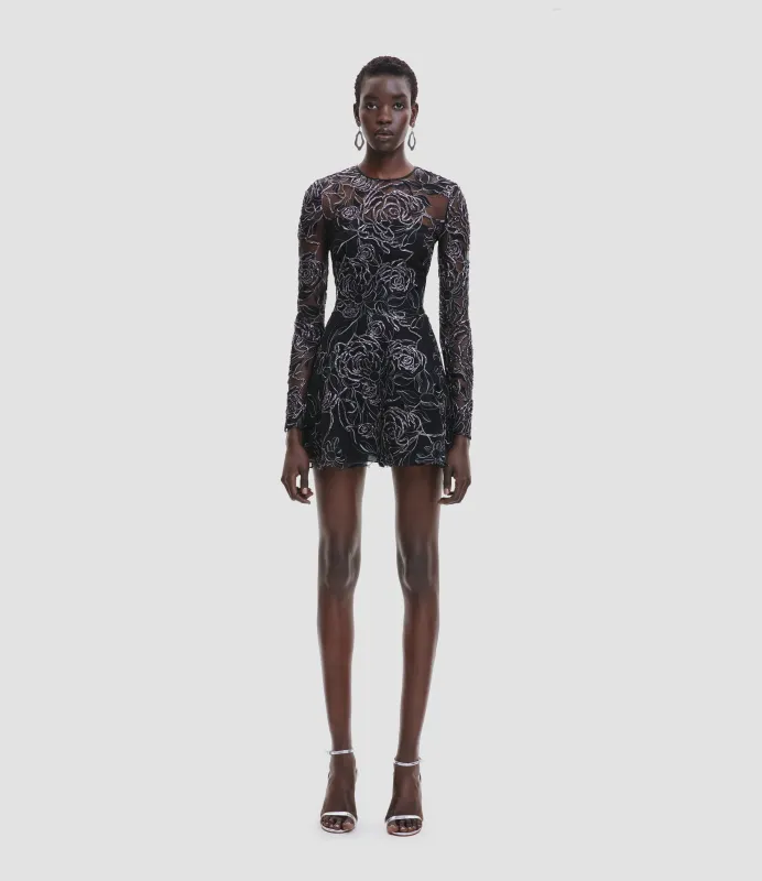 METALLIC RAFFIA ROSES JEWEL NECK A-LINE DRESS WITH LONG SLEEVES made by Naeem Khan