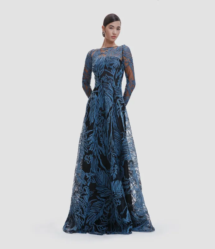 RAFFIA BOAT NECK FULL SKIRT GOWN WITH LONG SLEEVES sold by Naeem Khan