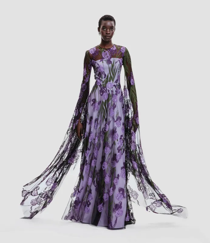 LACE JEWEL NECK GOWN WITH CASCADING SLEEVES sold by Naeem Khan