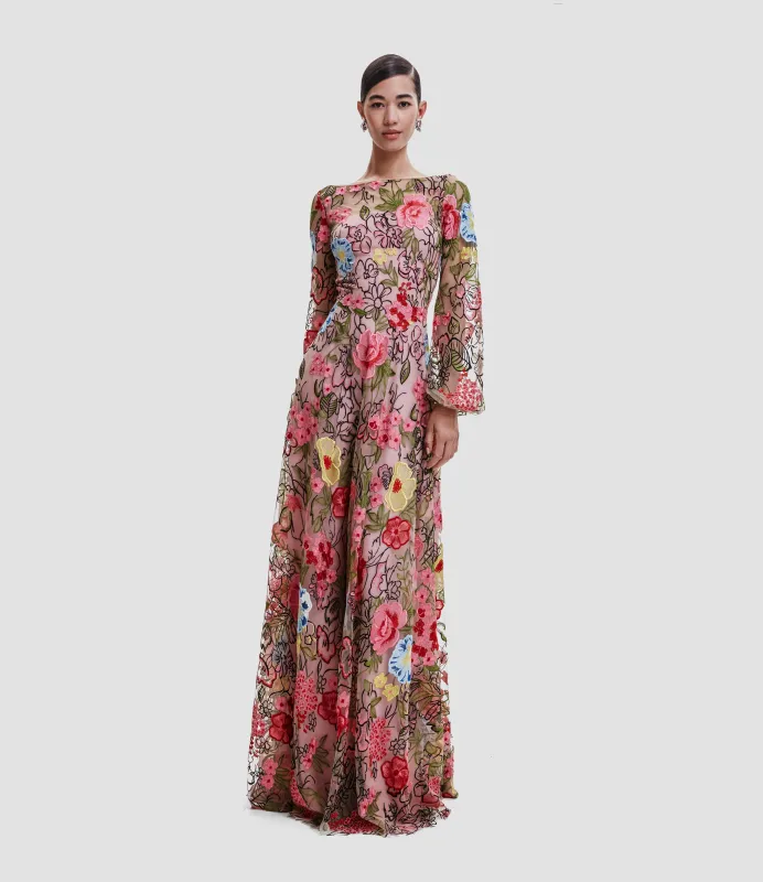 FLORAL LACE BOAT NECK GOWN WITH FULL SLEEVES sold by Naeem Khan