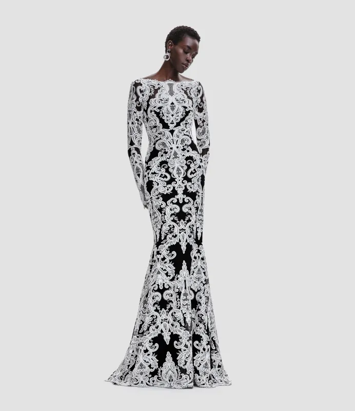 LACE BOAT NECK FIT-AND-FLARE GOWN sold by Naeem Khan