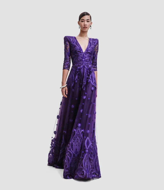 EMBROIDERED V-NECK FULL SKIRT GOWN WITH THREE-QUARTER SLEEVES sold by Naeem Khan