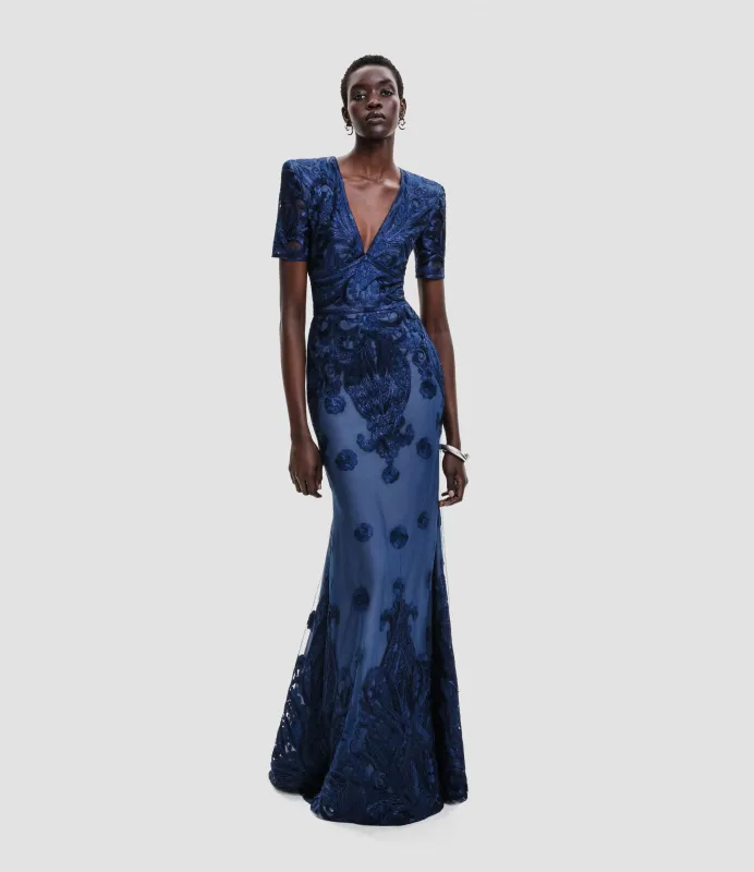 EMBROIDERED V-NECK FIT-AND-FLARE GOWN WITH SHORT SLEEVES sold by Naeem Khan