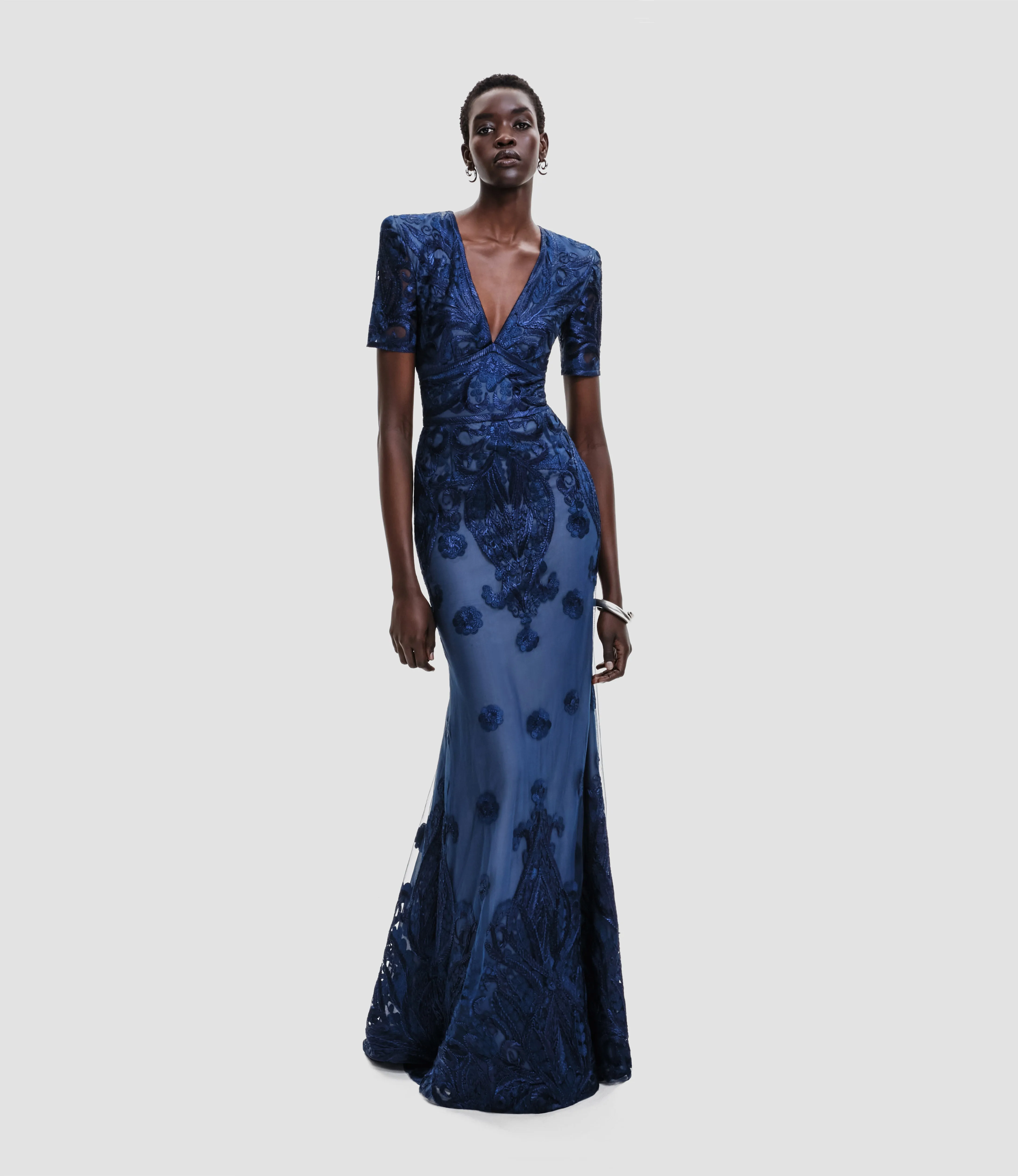 EMBROIDERED V-NECK FIT-AND-FLARE GOWN WITH SHORT SLEEVES sold by Naeem Khan