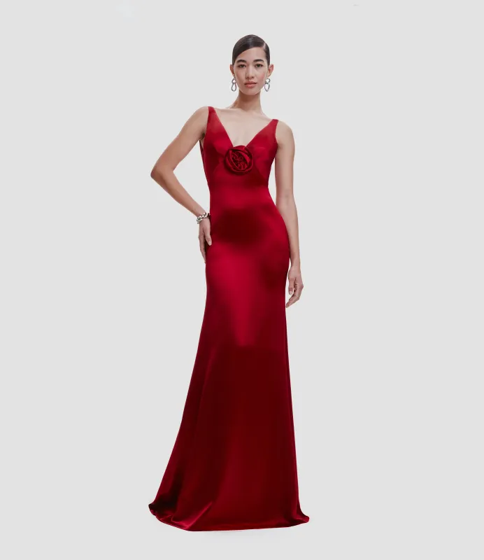 SATIN EMPIRE WAIST V-NECK GOWN WITH FLOWER sold by Naeem Khan