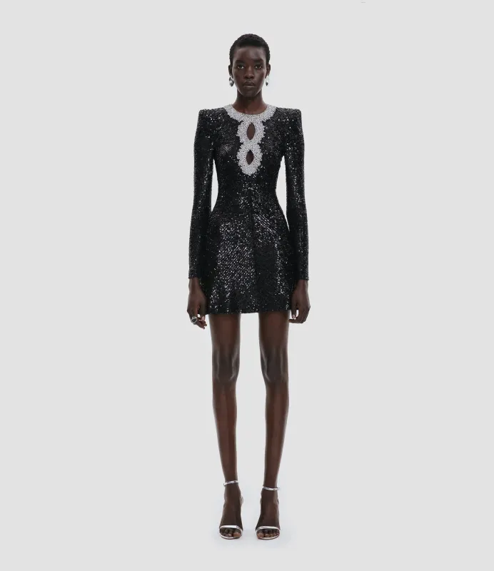 EMBELLISHED NECKLINE STRETCH SEQUIN DRESS WITH LONG SLEEVES sold by Naeem Khan