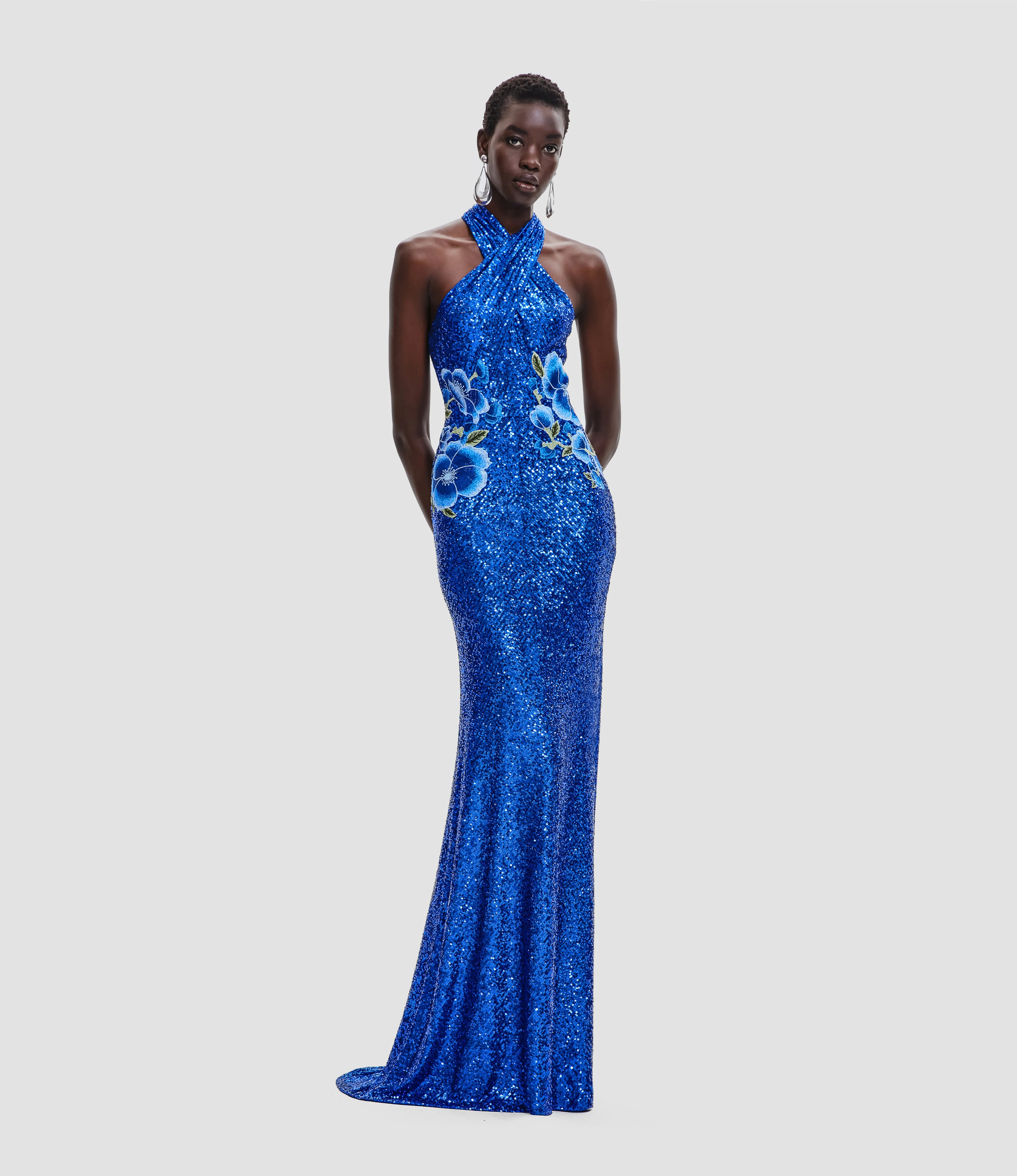 STRETCH SEQUIN CRISS-CROSS NECK GOWN WITH FLORAL APPLIQUE sold by Naeem Khan