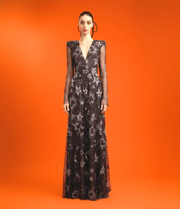 CELESTIAL EMBROIDERED V-NECK GOWN sold by Naeem Khan