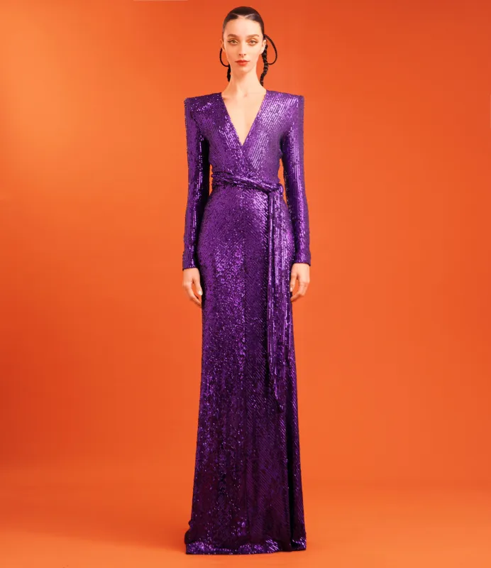 STRETCH SEQUIN LONG SLEEVE V NECK GOWN sold by Naeem Khan