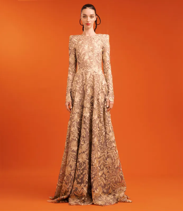 FLORAL LACE LONG SLEEVE GOWN sold by Naeem Khan