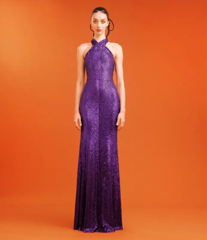 STRETCH SEQUIN CROSS FRONT GOWN sold by Naeem Khan