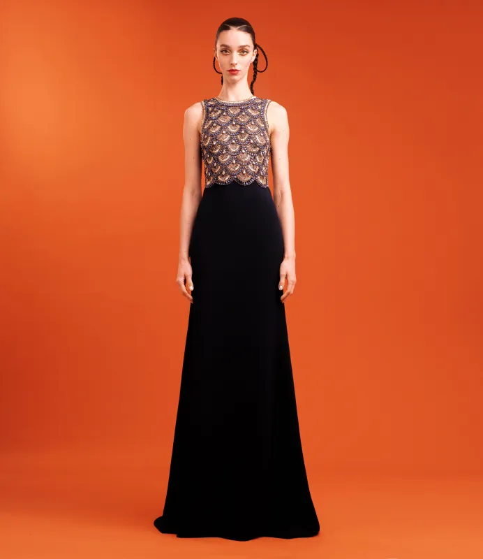 BEADED SCALLOP HALTER GOWN WITH CREPE SKIRT made by Naeem Khan