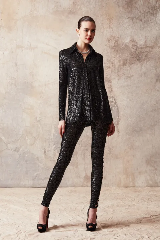 Stretch Sequin Button Up Blouse sold by Naeem Khan