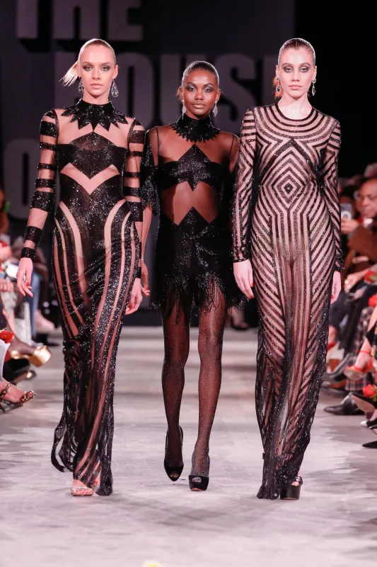 Beaded Column Gown, Beaded Mini Dress, and Beaded Geometric Gown sold by Naeem Khan