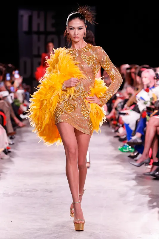 Petal Embroidered Long Sleeve Cocktail Dress and Feather Shawl made by Naeem Khan