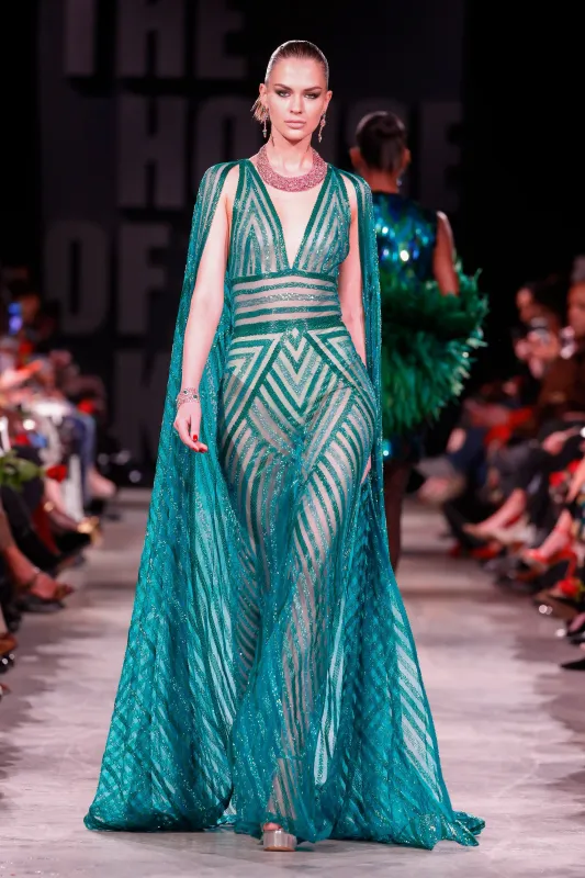 Beaded Geometric V-Neck Gown with Detachable Cape sold by Naeem Khan