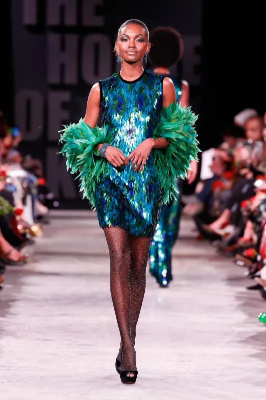 Tear Drop Sequin Sleeveless Dress and Feather Shawl sold by Naeem Khan