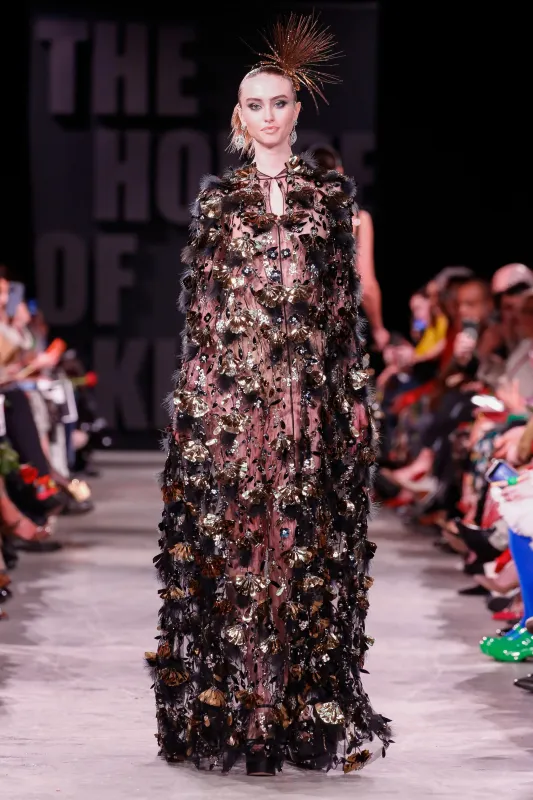 Gold and Feather Embellished Cape Gown with Hood sold by Naeem Khan