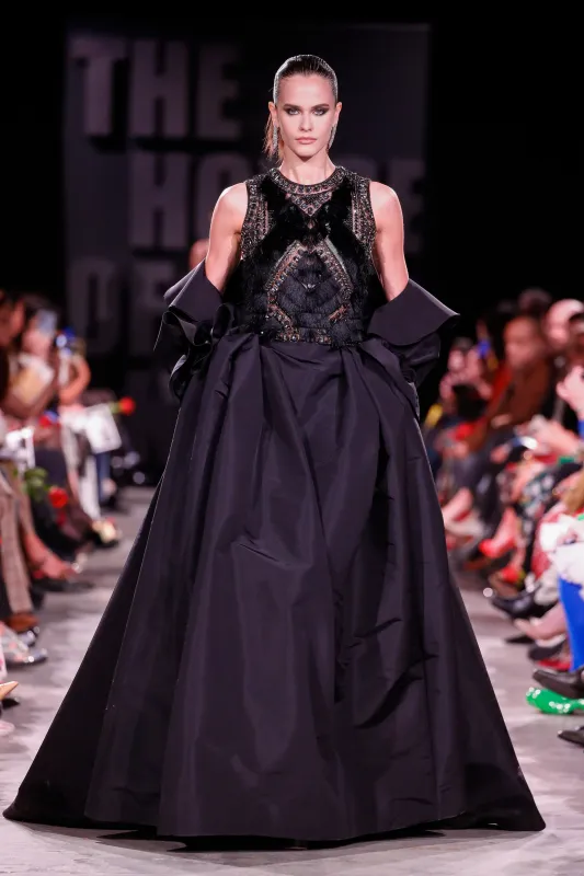 Beaded Geometric Fringe Sleeveless Ballgown with Silk Faille Cape made by Naeem Khan