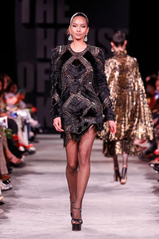 Beaded Geomtric and Fringe Long Sleeve Dress sold by Naeem Khan