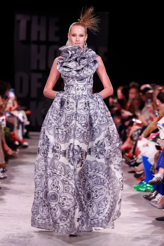 Printed Silk Gazar Ballgown with Ruffle Detail sold by Naeem Khan