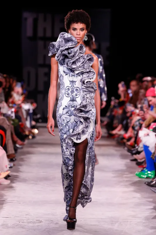 Printed Silk Gazar Column Gown with Ruffle Detail sold by Naeem Khan