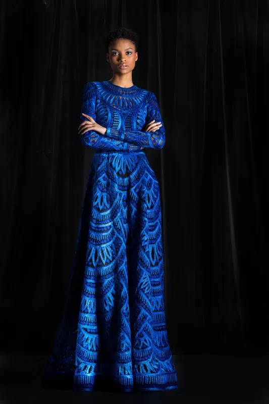 Ribbon Embroidered Long Sleeve Gown sold by Naeem Khan