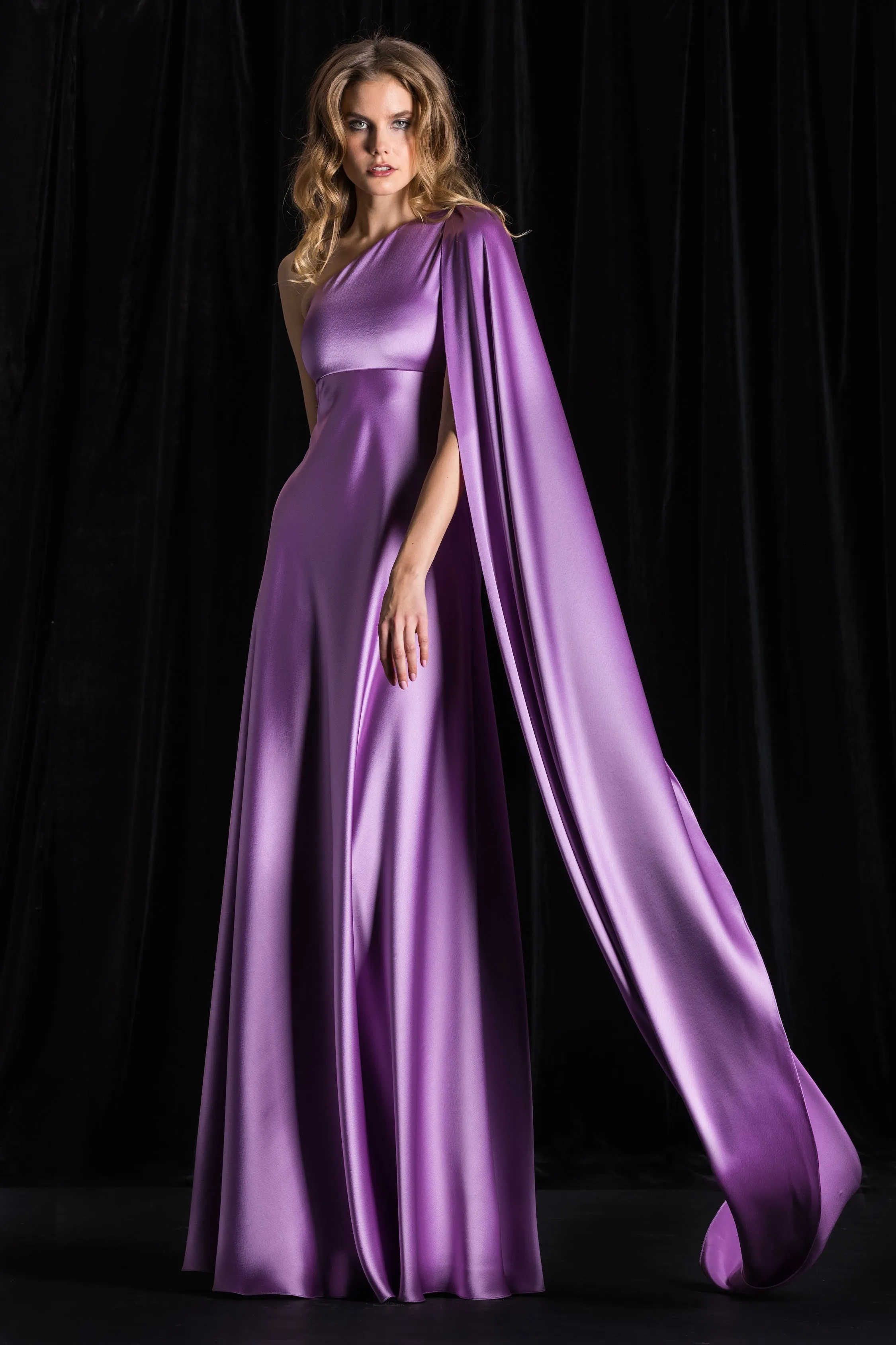 Satin Backed Crepe One Shoulder Gown with Cape Detail sold by Naeem Khan