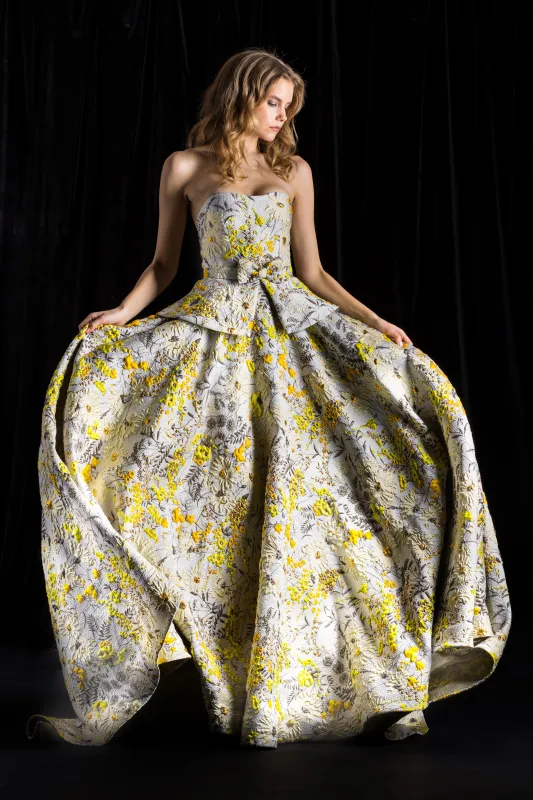 Floral Jacquard Strapless Peplum Gown sold by Naeem Khan