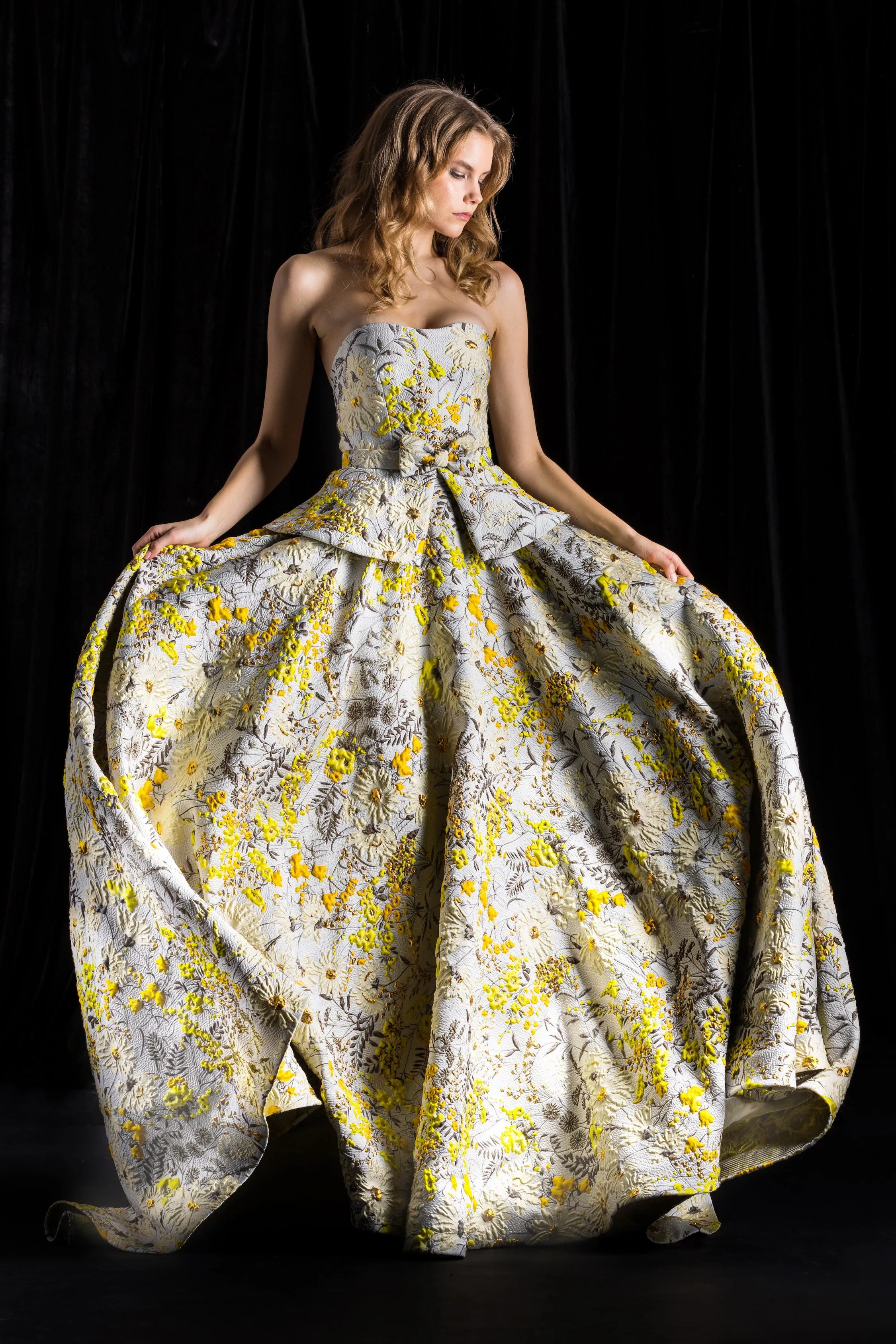 Floral Jacquard Strapless Peplum Gown sold by Naeem Khan