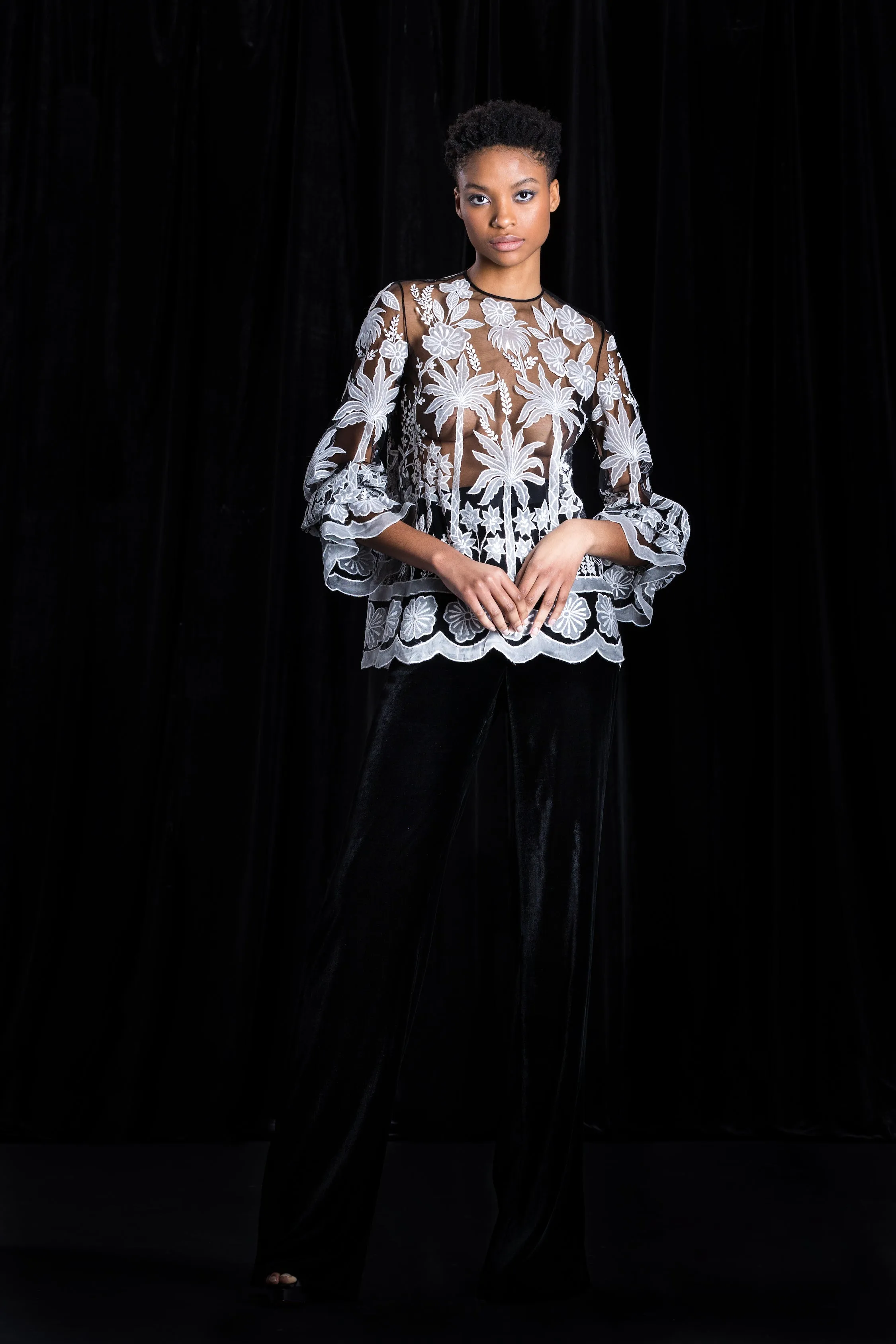 Floral Embroidered Puff Sleeve Blouse with Wide Leg Velvet Pants sold by Naeem Khan