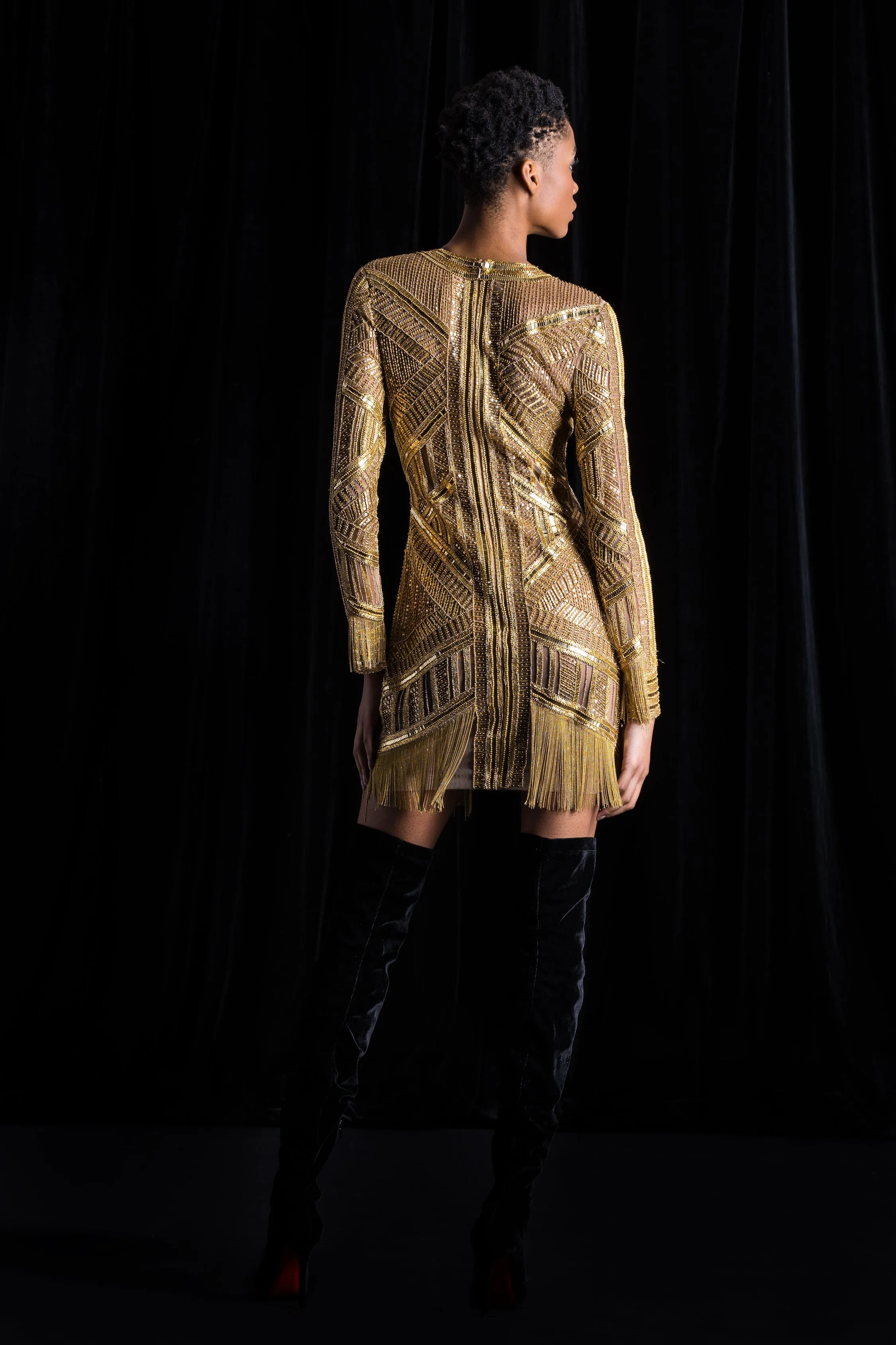 Beaded Fringe Long Sleeve Cocktail Dress sold by Naeem Khan product image thumbnail 2