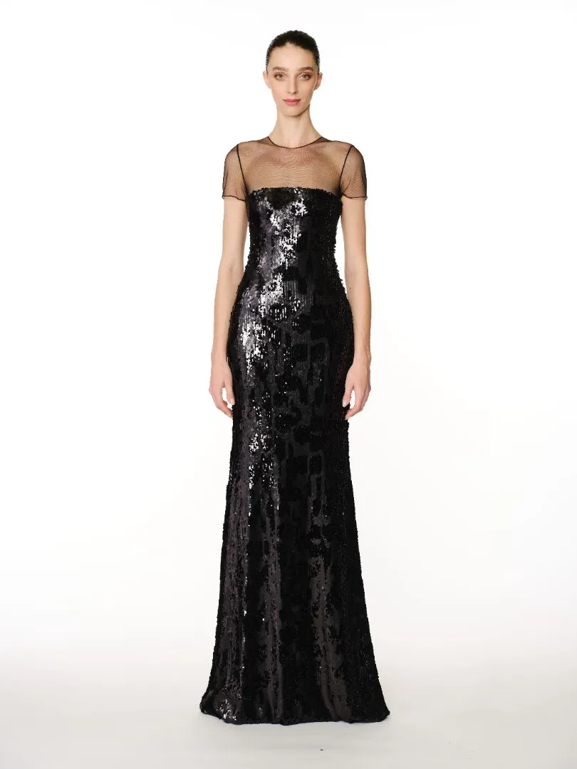 LEOPARD STRETCH SEQUIN ILLUSION NECKLINE FIT-AND-FLARE GOWN sold by Naeem Khan
