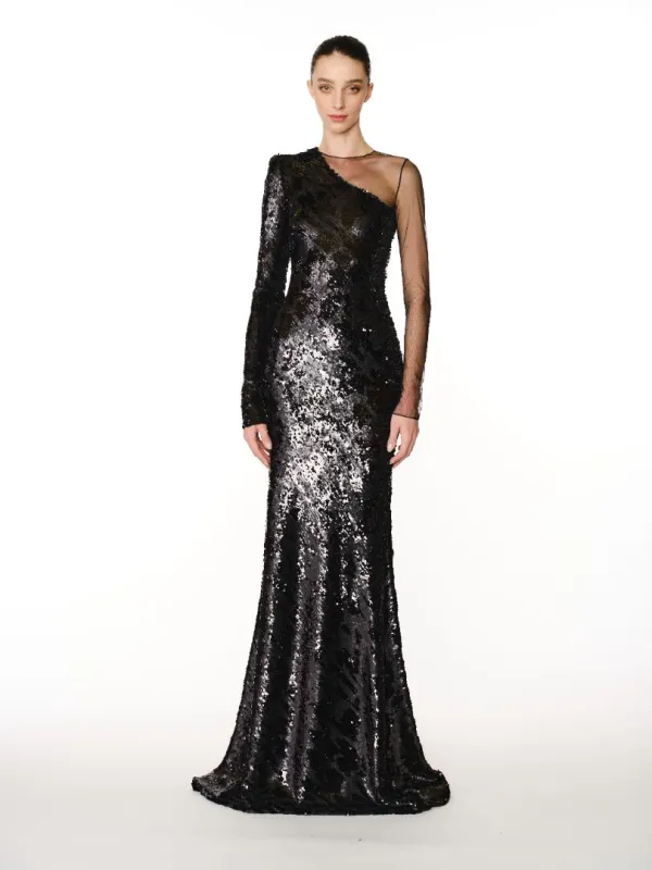 LEOPARD STRETCH SEQUIN ILLUSION ONE SHOULDER GOWN made by Naeem Khan