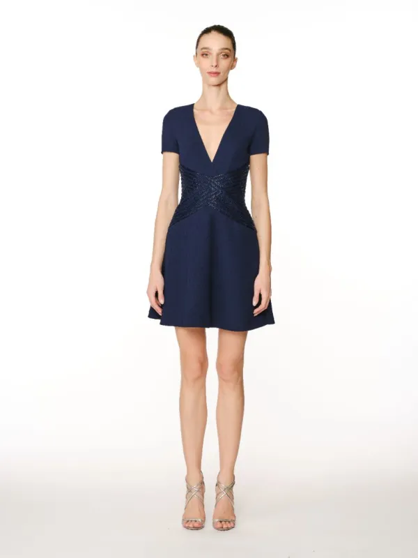 CREPE V-NECK DRESS WITH BEADED WAIST sold by Naeem Khan