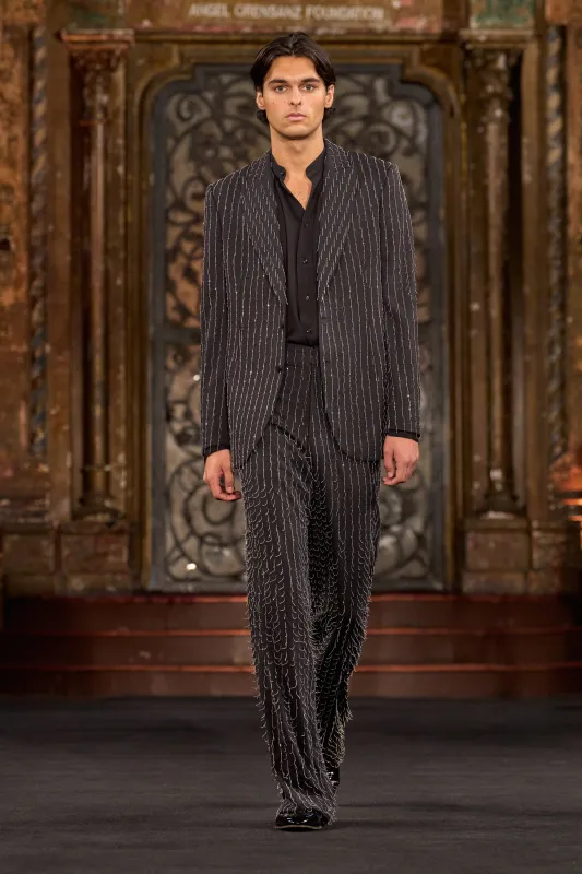 METAL FRINGE PINSTRIPE PANT sold by Naeem Khan