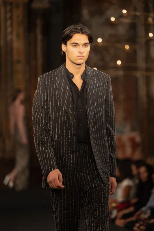 METAL FRINGE PINSTRIPE BLAZER sold by Naeem Khan
