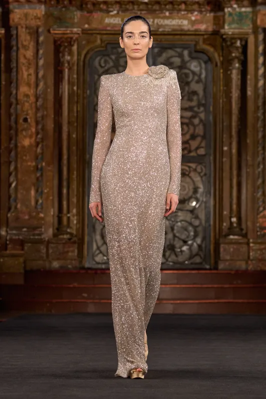 BEADED JEWEL NECK LONG SLEEVE COLUMN GOWN sold by Naeem Khan