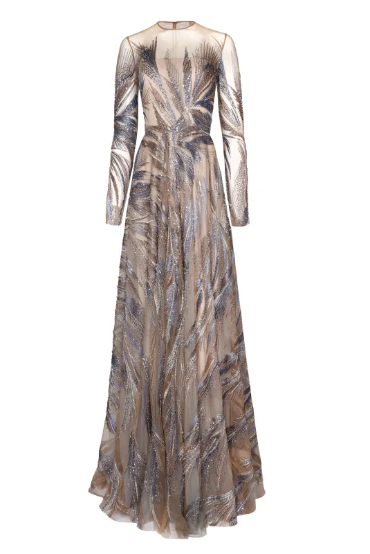 BEADED ABSTRACT FULL SKIRT LONG SLEEVE GOWN sold by Naeem Khan