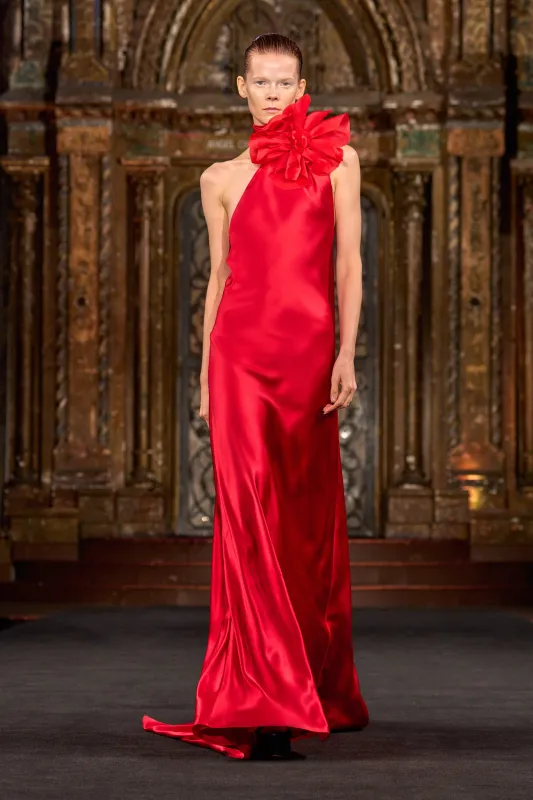 DRAPED HALTER SCARF GOWN WITH FLOWER DETAIL made by Naeem Khan
