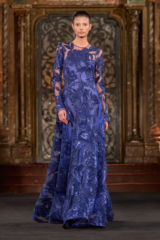 METALLIC RAFFIA BOAT NECK LONG SLEEVE GOWN sold by Naeem Khan